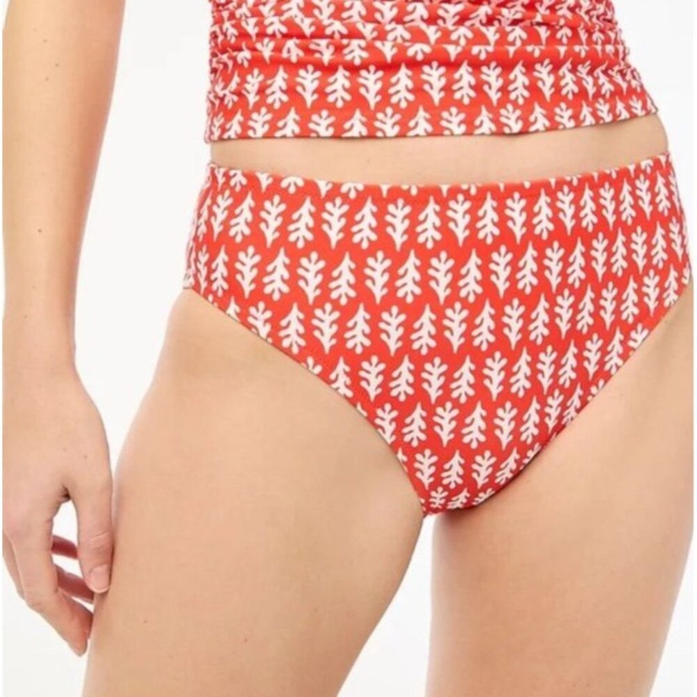 J. Crew Factory Womens Medium Mid-Rise Bikini Bottoms Red White Leaf Print NWT